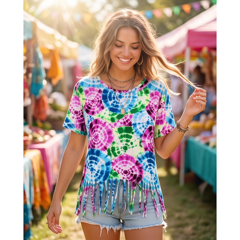 Rouge Collection Women 4X Tie Dye Fringe Hem Short Sleeve Top Multi Color New